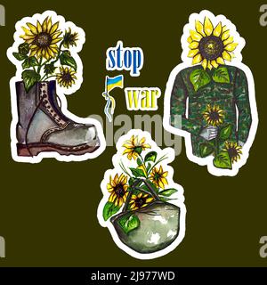 Stop war Aquarell Set von Aufklebern.Fall Sonnenblumen in militärischen Stiefeln und Helm.militärische Uniform mit Sonnenblume.Blühende Sonnenblumen.Ruhm der Ukraine Stockfoto