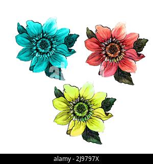 Aquarell Illustration blau, gelb und rosa Blumen mit Blättern.isoliert auf weißem Hintergrund.Design für Hochzeitseinladung, Stoff, Verpackung Stockfoto