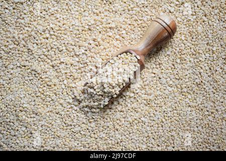 Rohe, geteilte getrocknete weiße Urad-Linsen Stockfoto