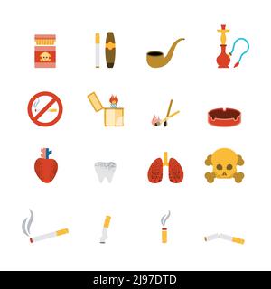 Smoking Icon flaches Set mit Zigarettenanzünder Tabakpfeife isoliert vektorgrafik Stock Vektor