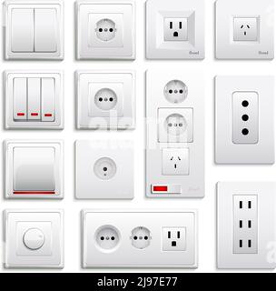 Satz von realistischen Schaltern und Buchsen verschiedener Art isoliert Auf weißem Hintergrund 3D Vektorgrafik Stock Vektor