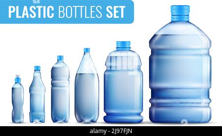 Farbige realistische Plastikflaschen Icon Set für Wasser in verschiedenen Größen und für verschiedene Zielgruppen Vektordarstellung Stock Vektor