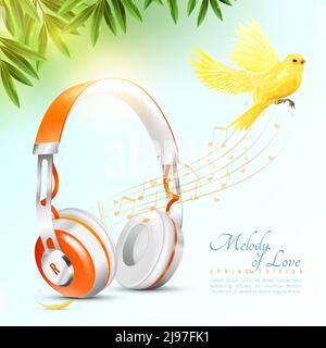 Realistische weiße orange Kopfhörer Poster mit fliegenden kanarienvogel, Noten, grüne Blätter auf hellem Hintergrund Vektor-Illustration Stock Vektor