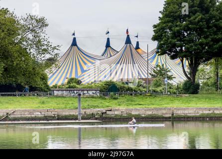 The Marina, Cork, Irland. 21.. Mai 2022. Ein Ruderer auf dem River Lee vor dem Hintergrund des großen Zeltes, das für die Konzertreihe Live at the Marquee errichtet wurde. Die Konzertreihe startet am 27.. Mai mit dem Coronas und läuft bis Ende Juni. - Credit; David Creedon / Alamy Live News Stockfoto