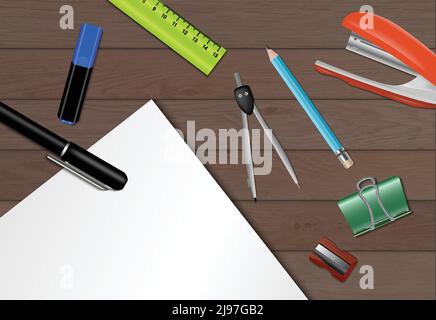 Schreibwaren Papier Hintergrund mit einem Teil eines Holztisches mit Darauf liegende Stifte und Stifte Vektorgrafik Stock Vektor