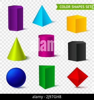 Realistische geometrische Formen Transparentes Farbset mit isolierten geometrischen Objekten Von unterschiedlicher Farbe auf transparenter Hintergrund Vektorgrafik Stock Vektor