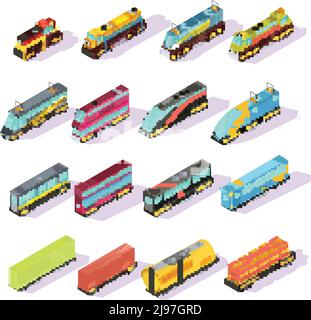 Züge isometrische Satz von isolierten bunten Lokomotive Güterwagen und Tischbilder auf der Beifahrerseite mit Vektordarstellung „Schatten“ Stock Vektor