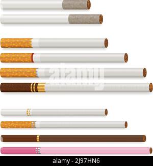 Verschiedene Zigaretten unterschiedlicher Größe und Farbe realistisch gesetzt isoliert Vektorgrafik auf weißem Hintergrund Stock Vektor
