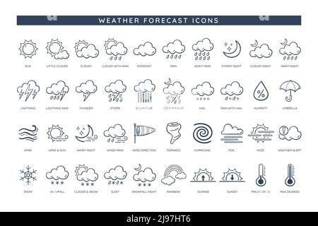 Wettersymbole. Wetterprognosen-Symbol-Sammlung. 50 Doodle-Symbole mit den häufigsten Indikationen in jedem meteorologischen Teil, wie Sonne, Regen, Wind, Stock Vektor