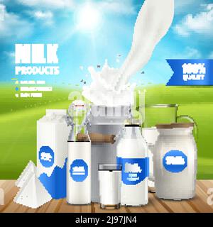 Plakat mit Milchprodukten am Holztisch auf dem Hintergrund Blauer Himmel und grüne Weide Vektor-Illustration Stock Vektor