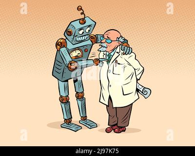 Der Roboter spricht mit dem Professor, der künstlichen Intelligenz und dem menschlichen Geist. Zwei Freunde Stock Vektor