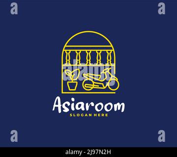 Asiatisches Tourismus-Logo. Haus außen asiatischen Stil Vektor-Design. Balkon mit Säulen, Pflanze in Topf und Roller-Logo Stock Vektor