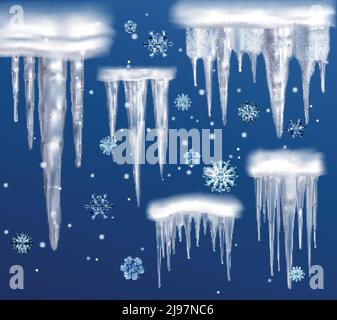 Realistische Eiszapfen Fragmente Sammlung auf dunkelblau verschneiten Winter Hintergrund Mit abstrakt gezeichneten Schneeflocken Vektor-Illustration Stock Vektor