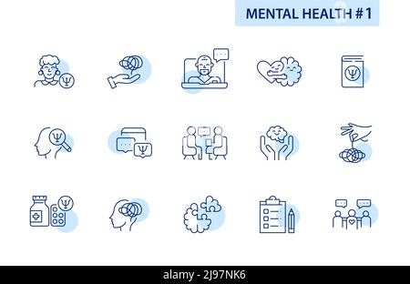 Psychische Gesundheit und psychologische Hilfe. Satz von 15 Pixel Perfect Line Art-Symbolen. Stock Vektor