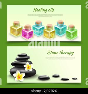 Spa realistische horizontale Banner mit heilenden Ölphials und schwarz Steine für Massage Verfahren Vektor Illustration Stock Vektor