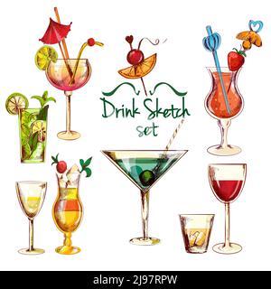 Skizze alkoholische Getränke Cocktail Drink Set isoliert Vektor-Illustration Stock Vektor