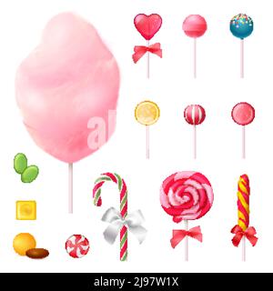 Süßigkeiten Set von realistischen Icons mit dekorierten Lutscher, Zuckerwatte auf Stick, bunte Karamellen isoliert Vektor-Illustration Stock Vektor