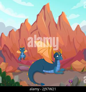 Feen Drachen Komposition mit Canyons Landschaft und Comic-Figuren dragon Familie Mutter und Kind Vektor-Illustrationen Stock Vektor