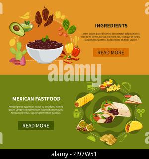 Set von horizontalen Banner mit mexikanischen Fastfood und Zutaten für Traditionelle Gerichte isoliert Vektor-Illustration Stock Vektor
