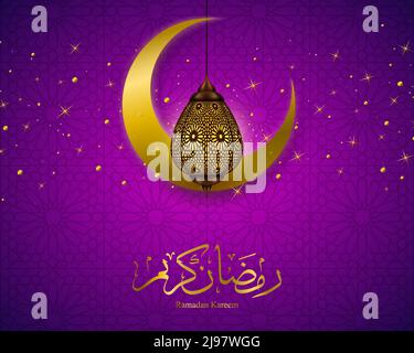 Ramadan Kareem buntes Plakat mit islamischer Kalligraphie Halbmond und arabisch Lampe goldene Elemente auf glänzend lila Hintergrund Vektor-Illustration Stock Vektor