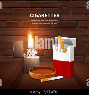 Tabak realistisches Plakat mit Packung Zigaretten Aschenbecher und Feuerzeug Vektorgrafik auf dunklem Hintergrund Stock Vektor