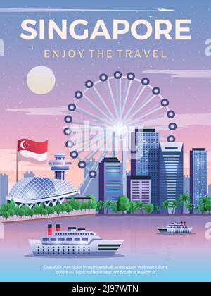 Singapur Reise Poster mit Nationalflagge und Stadt Skylines an flache Vektorgrafik marina Bay Stock Vektor