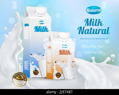 Farbenfrohe realistische Plakat-Werbekarton-Packs mit natürlichen Milch reich In Kalzium und Protein Vektor Illustration Stock Vektor