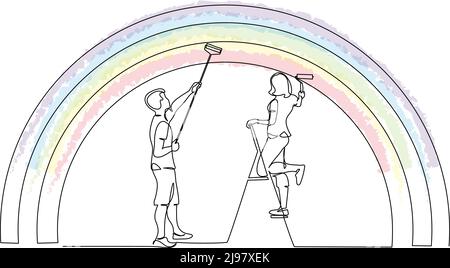 Paar Mann und Frau malen den Regenbogen mit Rollenstock. Fortlaufende einzeilige Zeichnung. Vektordarstellung auf weißem Hintergrund isoliert Stock Vektor