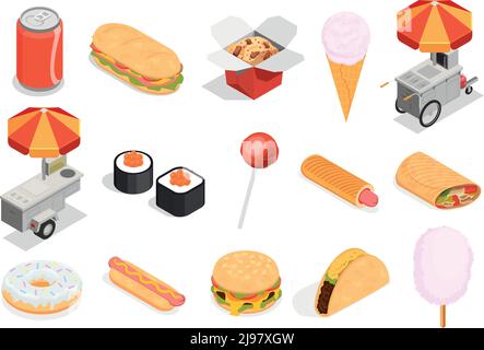 Street-Food-Symbole mit Süßigkeiten und Fast-Food-Symbole gesetzt Isometrische Darstellung isolierter Vektor Stock Vektor