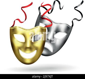 Comedy Tragödie goldenen Silber Masken Theater realistische Komposition von zwei Klassische theatralische Masken glücklich und traurig Vektor-Illustration Stock Vektor
