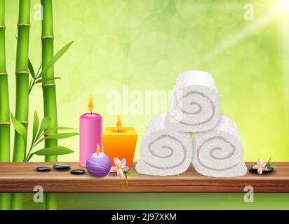 SPA realistische grüne Hintergrund mit Bambus Stiele Aroma Kerzen Handtücher Flache Steine und Plumeria Blumen Vektor-Illustration Stock Vektor