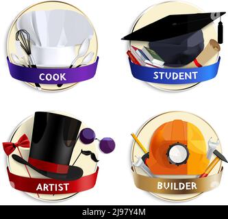 Set von realistischen Emblemen mit Hüten von verschiedenen Berufen Koch, Student, Künstler und Baumeister isoliert Vektor-Illustration Stock Vektor