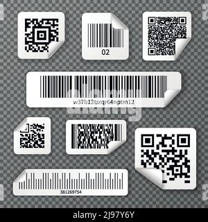 Set von Aufklebern qr und lineare Barcodes mit gebogen Ecke auf transparentem Hintergrund isolierte Vektordarstellung Stock Vektor