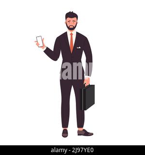 Geschäftsmann halten Koffer und Telefon. Stehende Manager in schwarzen Anzug Vektor-Illustration Stock Vektor