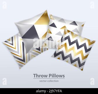 Dekorative Innenkissen werfen Kissen Satin deckt Design Muster realistisch Komposition grauer Hintergrund Werbung Poster Vektor Illustration Stock Vektor