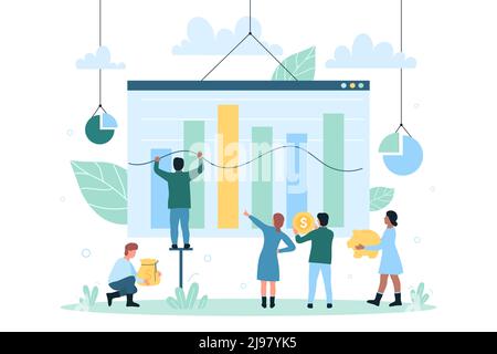 Die Arbeit der Mitarbeiter des Unternehmens im Team für das Unternehmenswachstum und den Finanztrend. Cartoon-Führer hält wachsenden Chart, kleine Menschen mit Geldbeutel und Sparschwein flache Vektor-Illustration. Unternehmenskonzept Stock Vektor