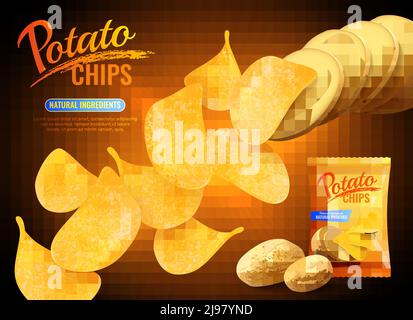 Kartoffel-Chips Werbung Komposition mit realistischen Bildern von Chips natürlich Kartoffeln und Packung Schuss mit Text Vektor Illustration Stock Vektor