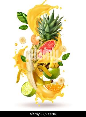 Realistische ftuiys Saft Spritz Burst Komposition mit Spray Bilder und Reife tropische Früchte auf leeren Hintergrund Vektor-Illustration Stock Vektor