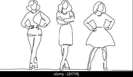 Drei schlanke Mädchen stehen. Fortlaufende einzeilige Zeichnung. Vektorgrafik Stock Vektor