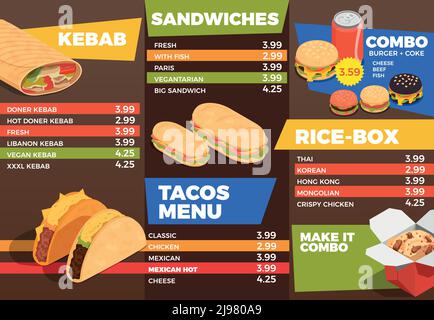 Street-Food-Menüzusammenstellung mit Sandwiches und Fast-Food-Symbolen Isometrische Vektordarstellung Stock Vektor