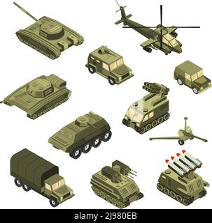 Militärische gepanzerte Transport Fracht Personnel Carrier Kampflandfahrzeuge und Hubschrauber isometrische Symbole Sammlung isoliert Vektor Illustration Stock Vektor