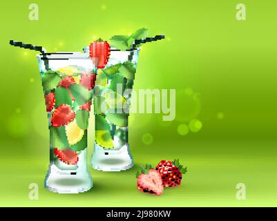 Zwei Cocktails realistische Komposition mit zwei Glas Erdbeer Mojito Vektorgrafik auf grünem Hintergrund Stock Vektor