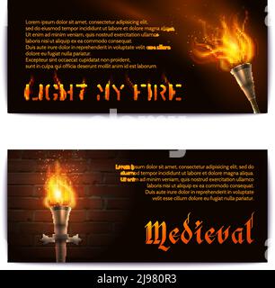 Horizontales Banner-Set mit realistischen Fackel mittelalterlichen Feuerlicht-Elementen Isolierte Vektordarstellung Stock Vektor