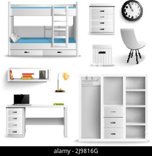 Teen Zimmer Inneneinrichtung realistische Elemente Set mit Etagenbett Schreibtisch Regale Schublade Lampe isoliert Vektor-Illustration Stock Vektor