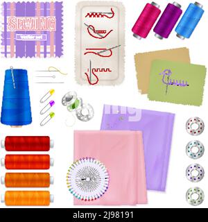 Nähzubehör realistische Symbole Satz von textilen Stücken Spulen Pins Nahtproben isolierte Vektordarstellung Stock Vektor