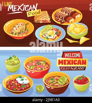 Mexikanisches Restaurant Werbung 2 realistische horizontale Banner mit Guacamole Quesadilla Hot Chili Saus isoliert Vektor Illustration Stock Vektor