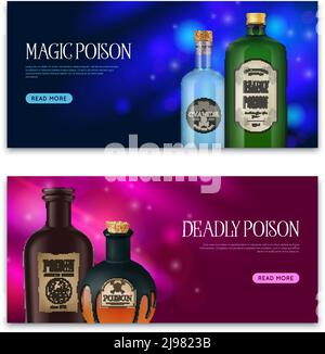 Realistisches Gift Set aus zwei horizontalen Bannern mit Vintage-Look Magische Flaschen und Flaschen mit Text-Vektor-Illustration Stock Vektor