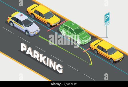 Fahrschule isometrische Komposition mit Text und Autos auf dem Parkplatz Mit Phantombild und bunten Pfeilen Vektorgrafik Stock Vektor