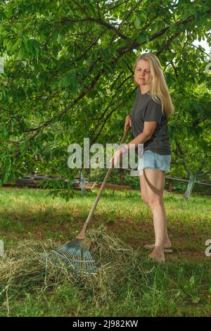 Mädchen sammelt trockenes Gras mit Gartenrechen Stockfoto