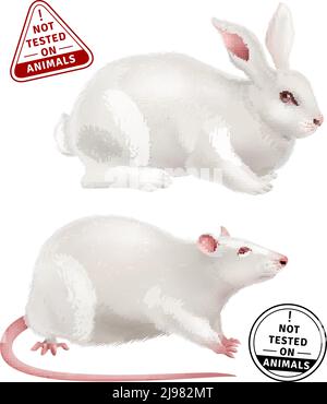 Weiße Kaninchen und Ratte realistische Symbole und Stempel mit Text Nicht an Tieren getestet Vektorgrafik Stock Vektor